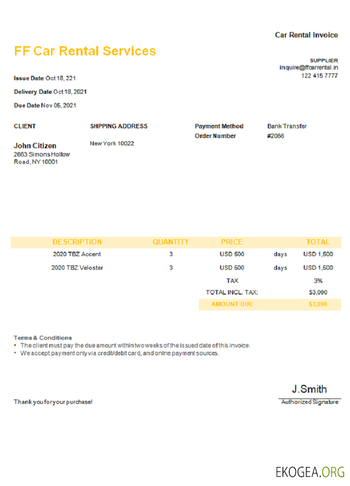 Facture des services de location de voitures USA FF